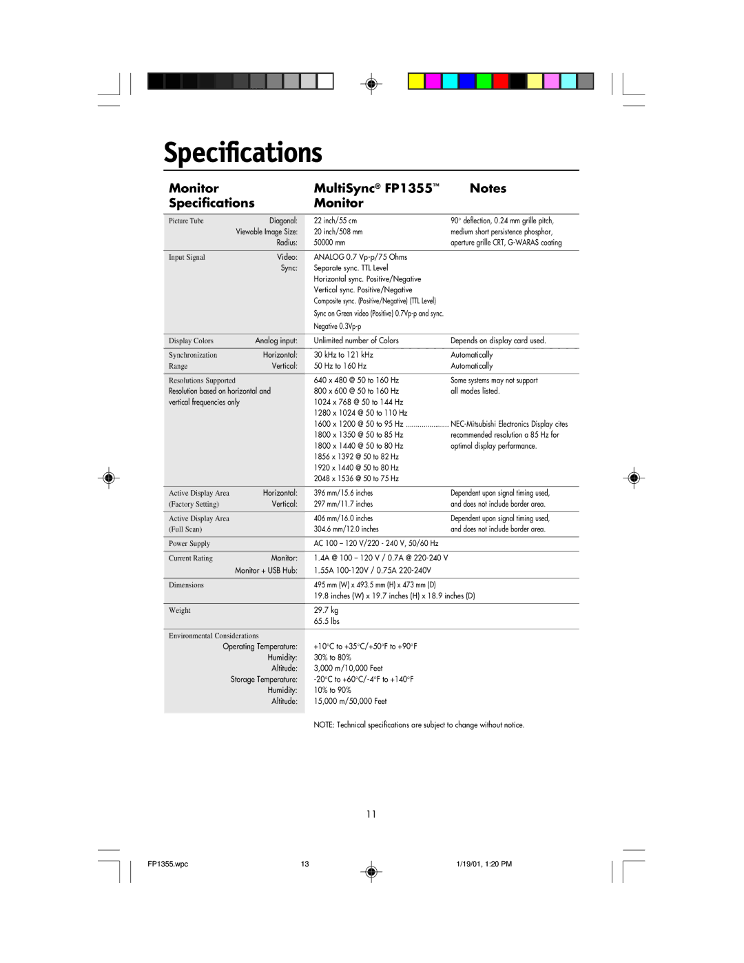 NEC user manual Monitor MultiSync FP1355 Specifications 