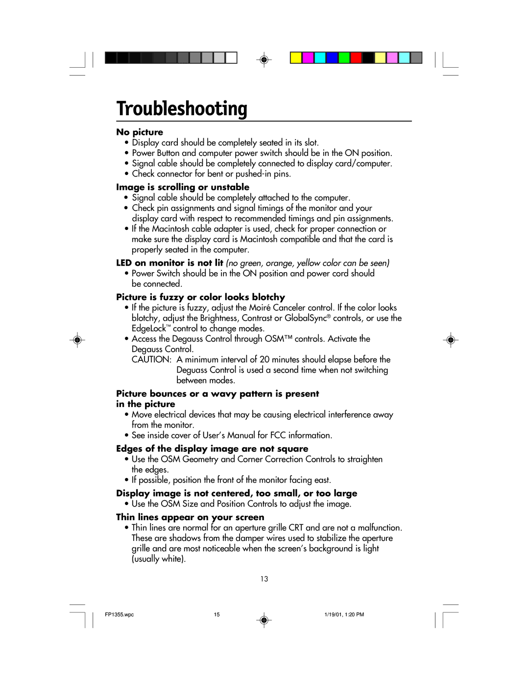 NEC FP1355 user manual Troubleshooting 