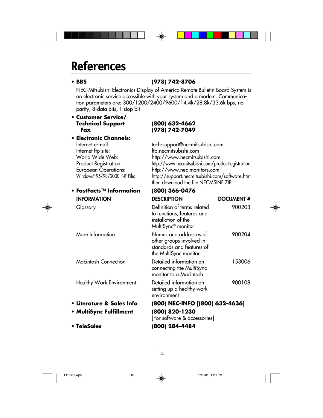 NEC FP1355 user manual References, 978, FastFacts Information, NEC-INFO 800 