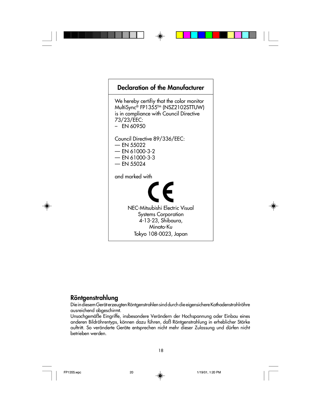 NEC FP1355 user manual Declaration of the Manufacturer 