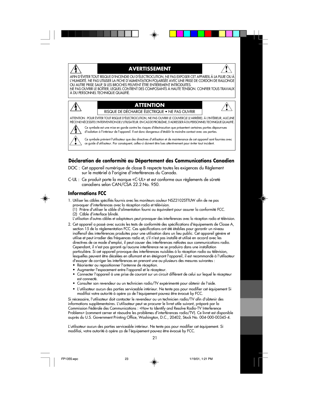 NEC FP1355 user manual Avertissement, Informations FCC 