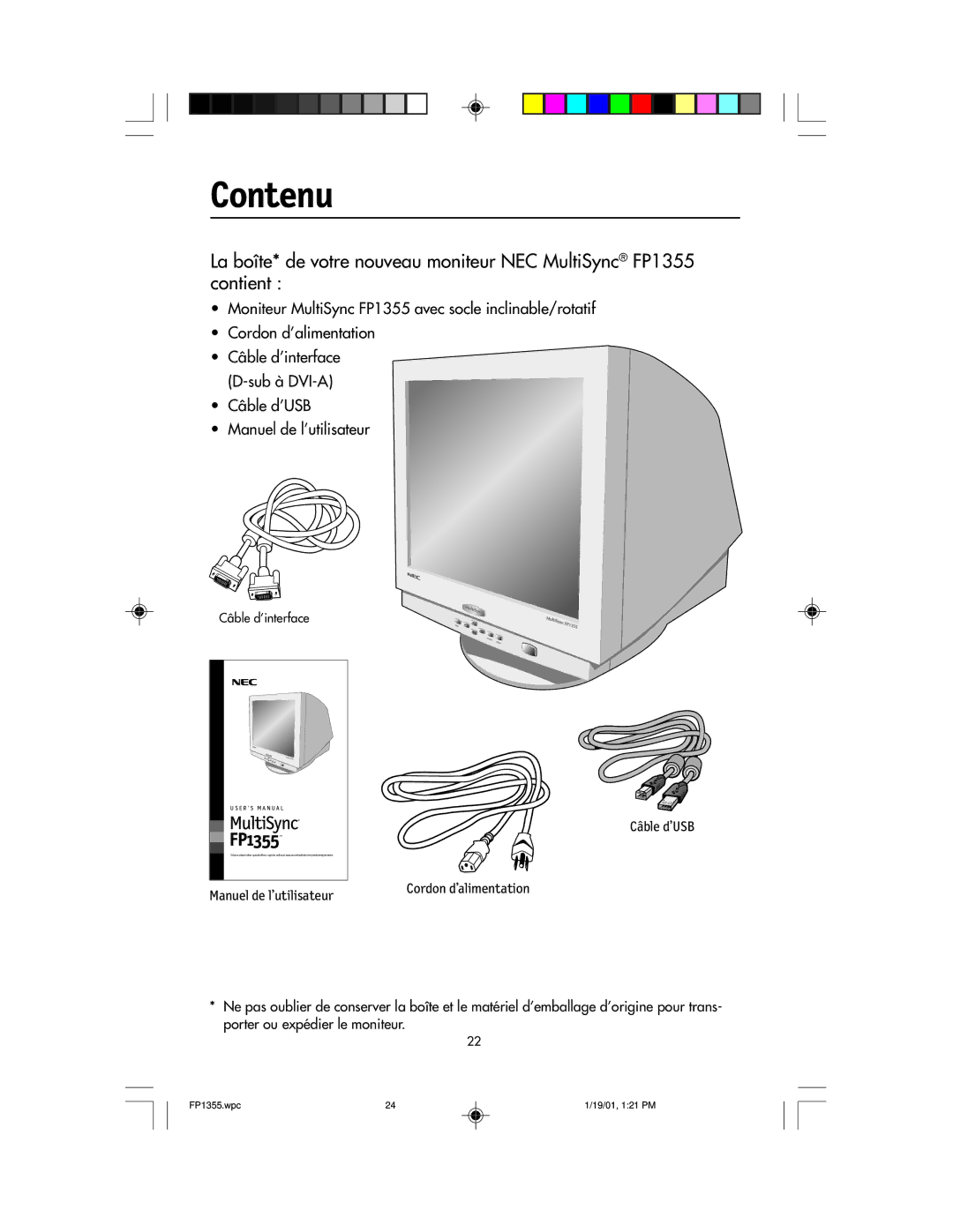 NEC FP1355 user manual Contenu 