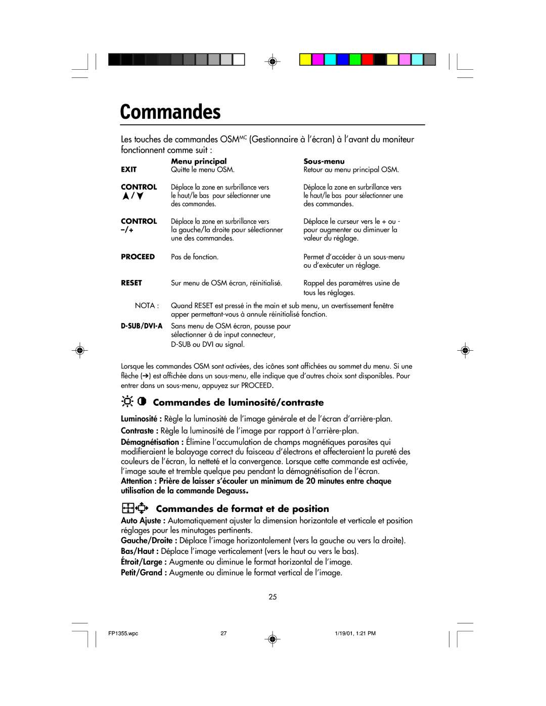 NEC FP1355 user manual Commandes de luminosité/contraste, Commandes de format et de position 