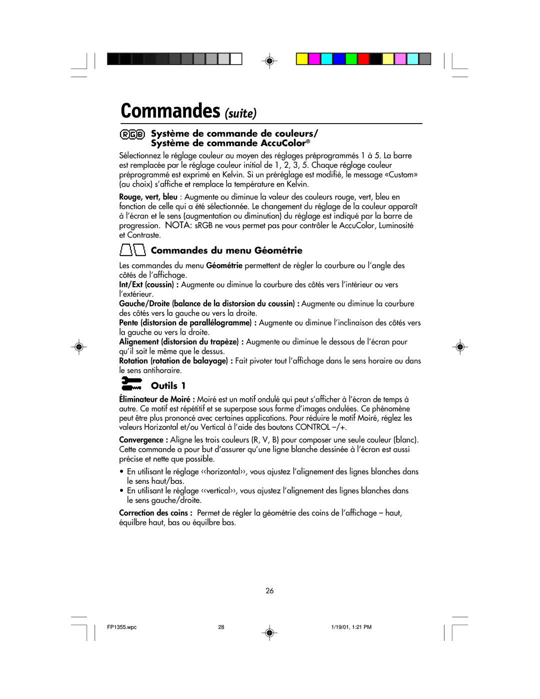 NEC FP1355 user manual Commandes suite, Commandes du menu Géométrie, Outils 