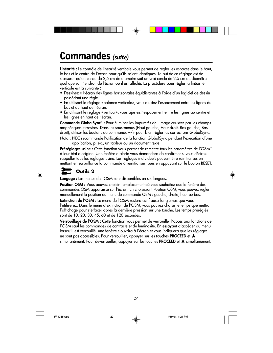 NEC FP1355 user manual Langage Les menus de l’OSM sont disponibles en six langues 