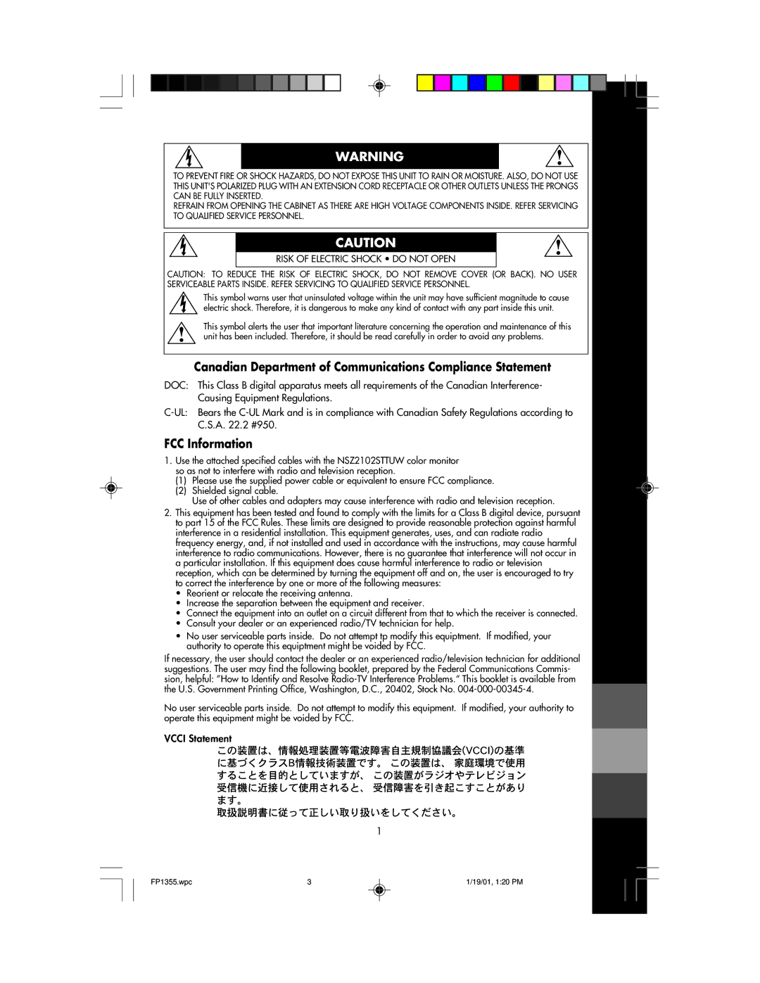 NEC FP1355 user manual Canadian Department of Communications Compliance Statement, FCC Information 