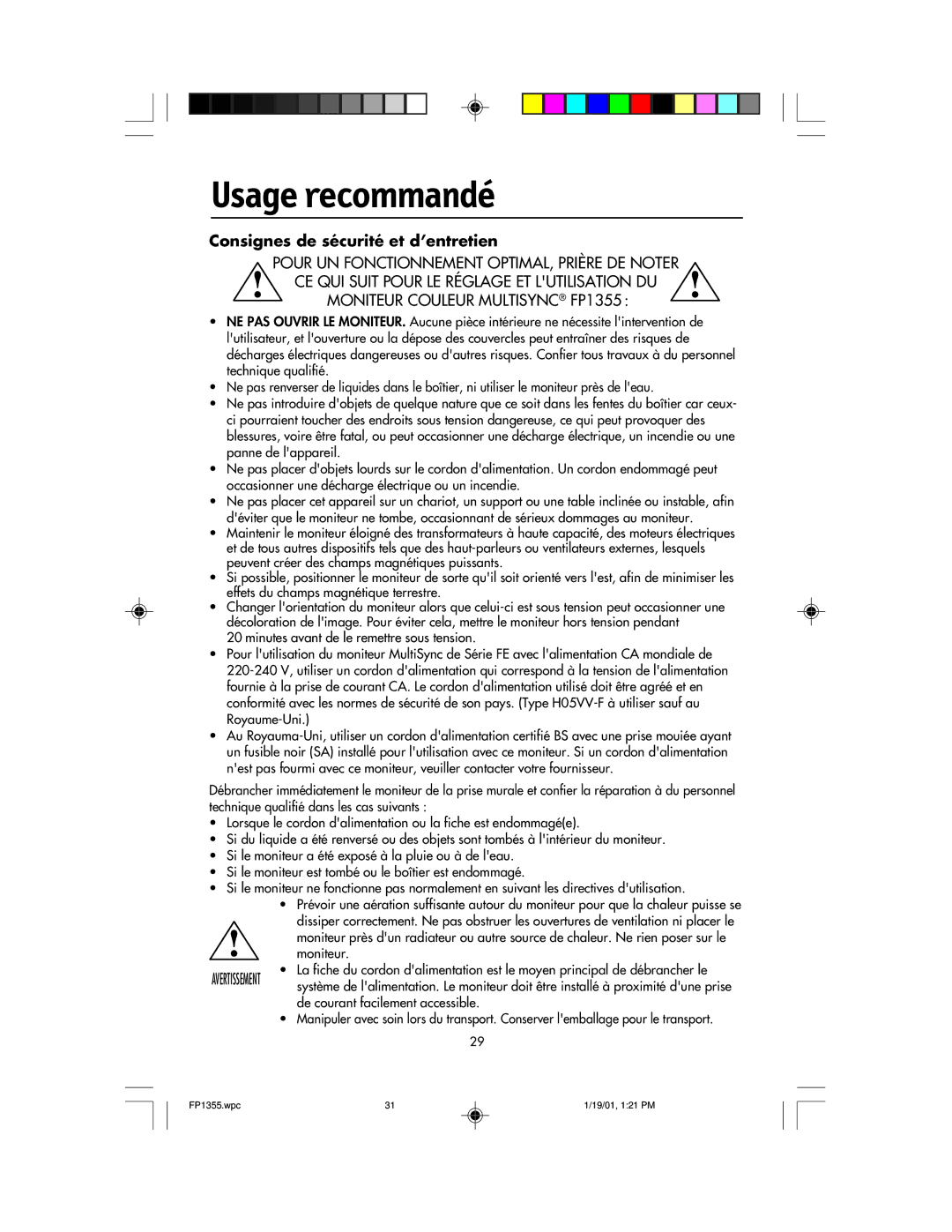 NEC FP1355 user manual Usage recommandé, Consignes de sécurité et d’entretien 