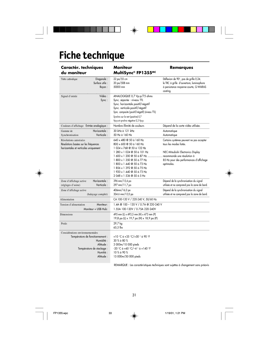 NEC FP1355 user manual Fiche technique, 024 x 768 @ 50 à 132 Hz 280 x 1 024 @ 50 à 101 Hz 