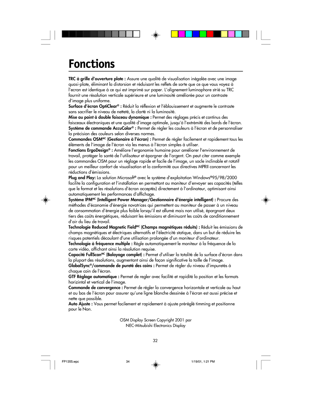 NEC FP1355 user manual Fonctions 