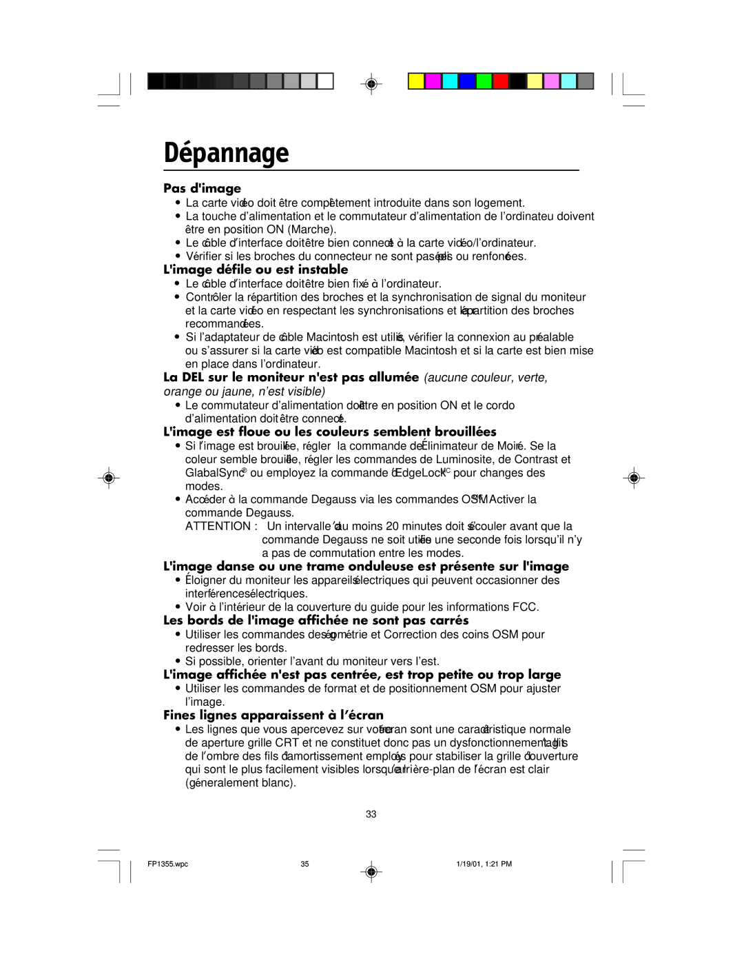 NEC FP1355 user manual Dépannage 