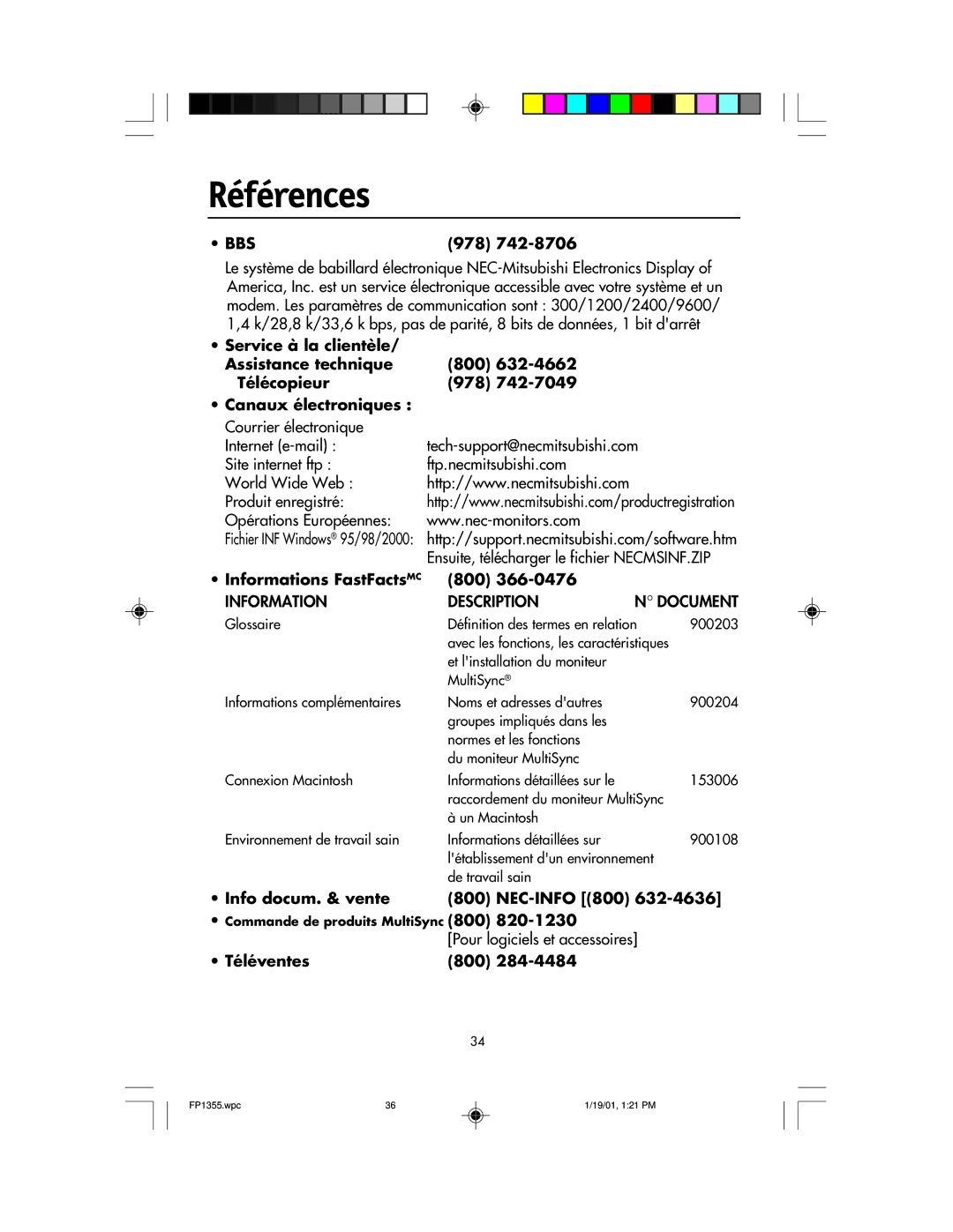 NEC FP1355 user manual Références, Informations FastFacts MC 800, Info docum. & vente NEC-INFO 800, Téléventes 800 