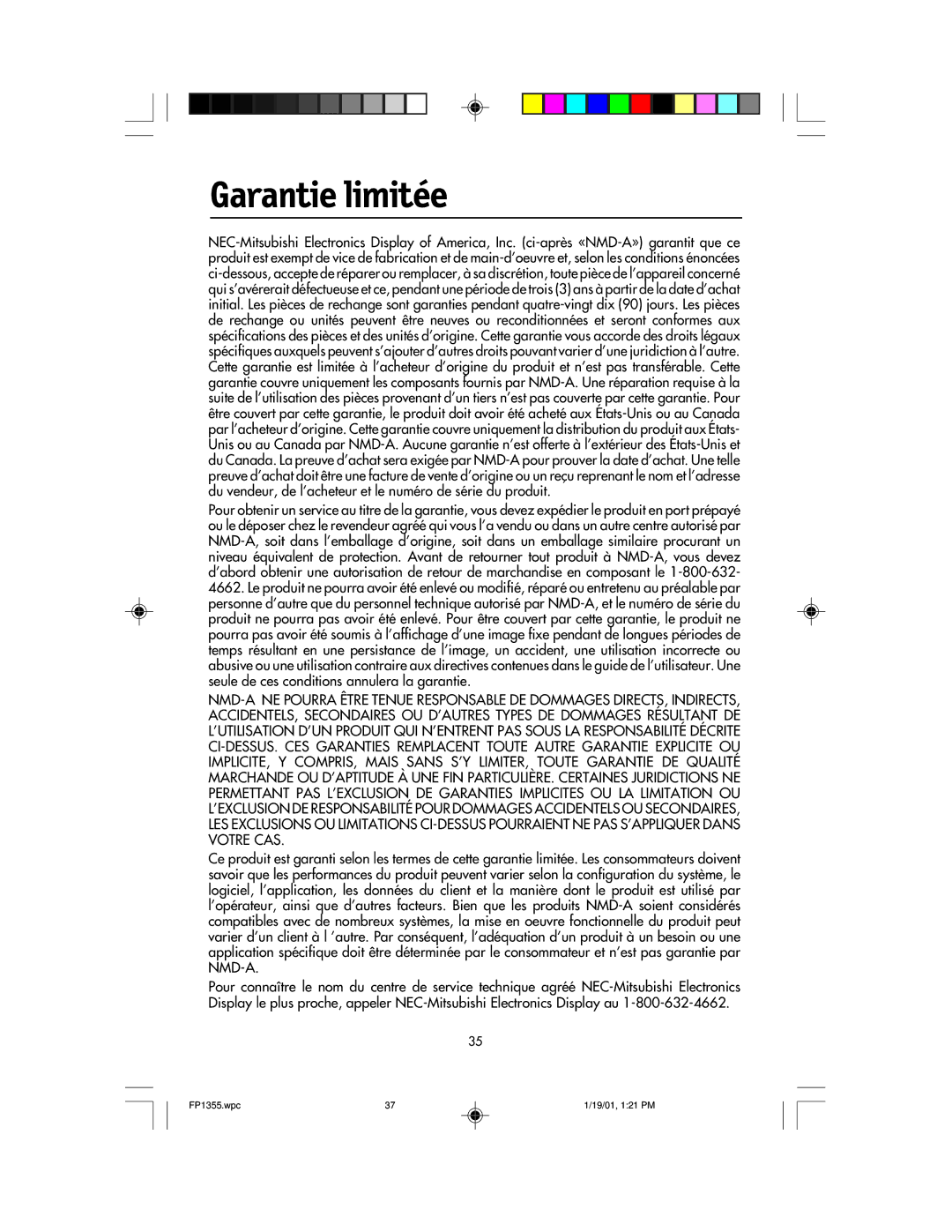 NEC FP1355 user manual Garantie limitée 