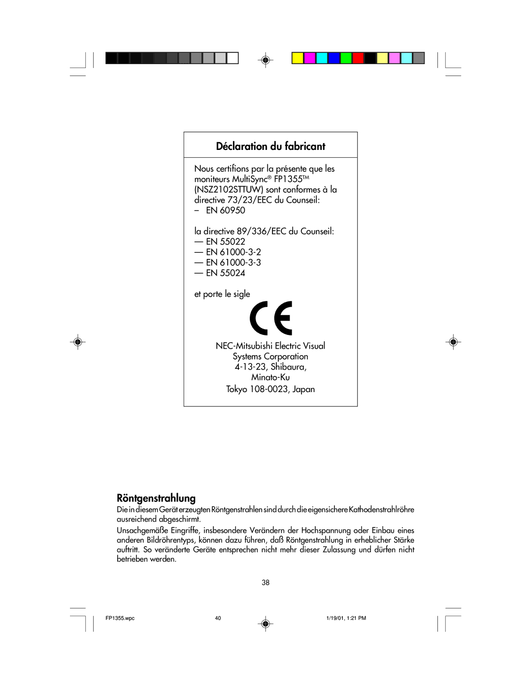 NEC FP1355 user manual Déclaration du fabricant 