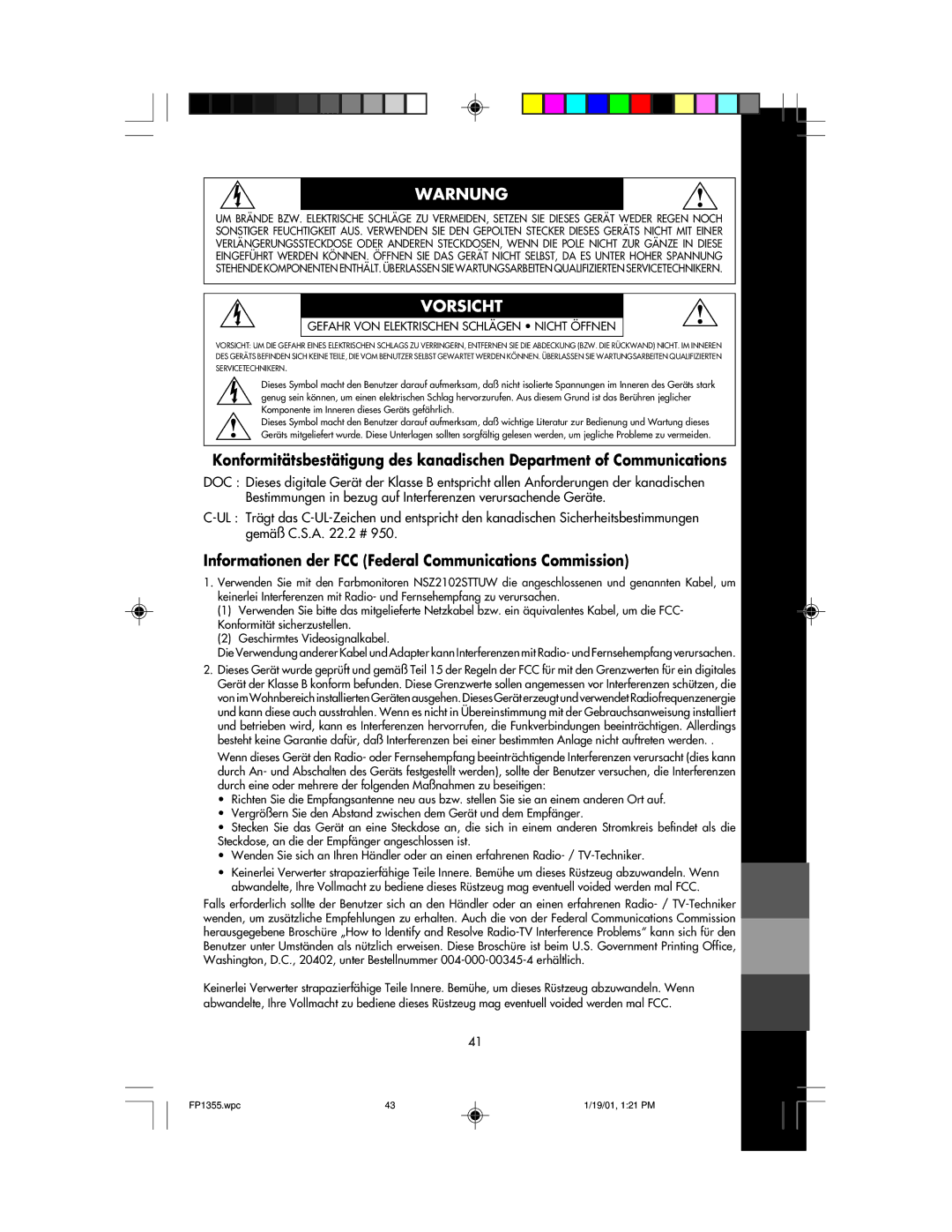 NEC FP1355 user manual Warnung, Informationen der FCC Federal Communications Commission 