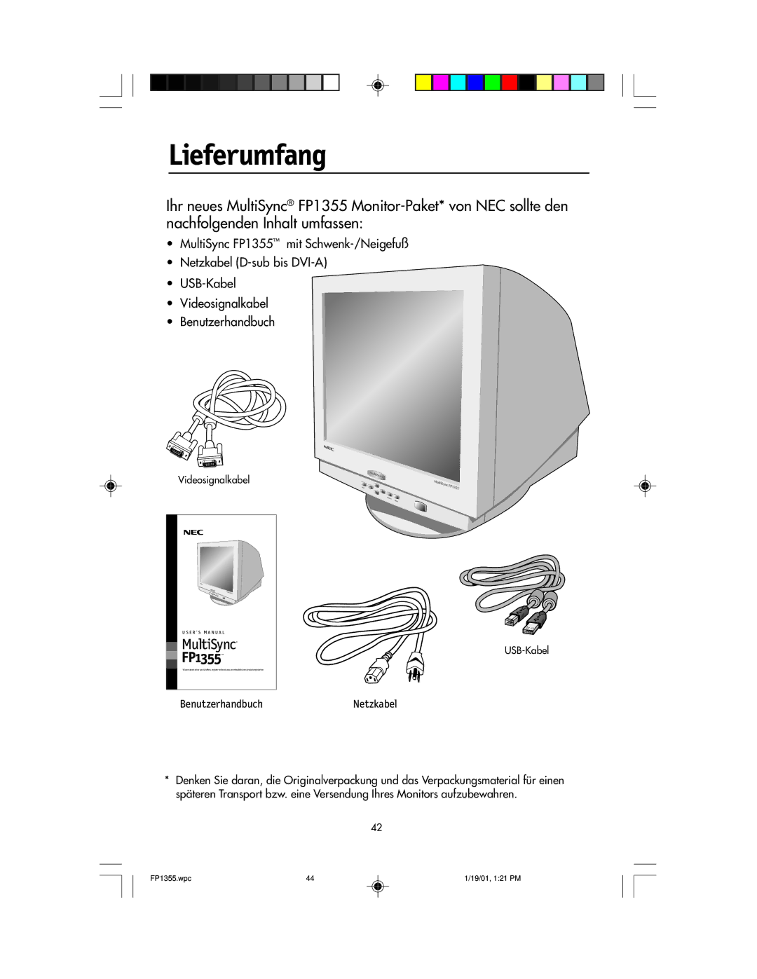 NEC FP1355 user manual Lieferumfang, Netzkabel 