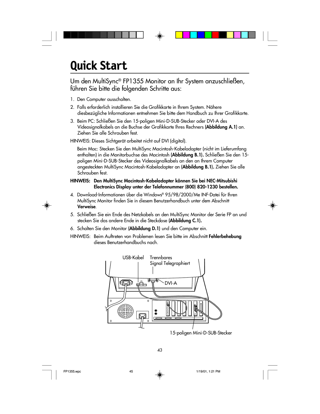 NEC FP1355 user manual Quick Start 