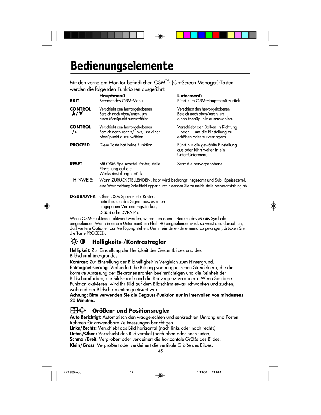 NEC FP1355 user manual Bedienungselemente, Helligkeits-/Kontrastregler, Größen- und Positionsregler 