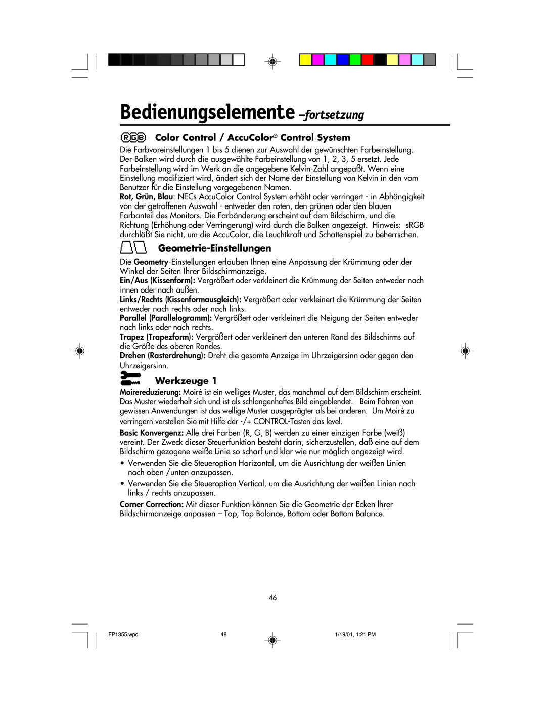 NEC FP1355 Bedienungselemente -fortsetzung, Color Control / AccuColor Control System, Geometrie-Einstellungen, Werkzeuge 