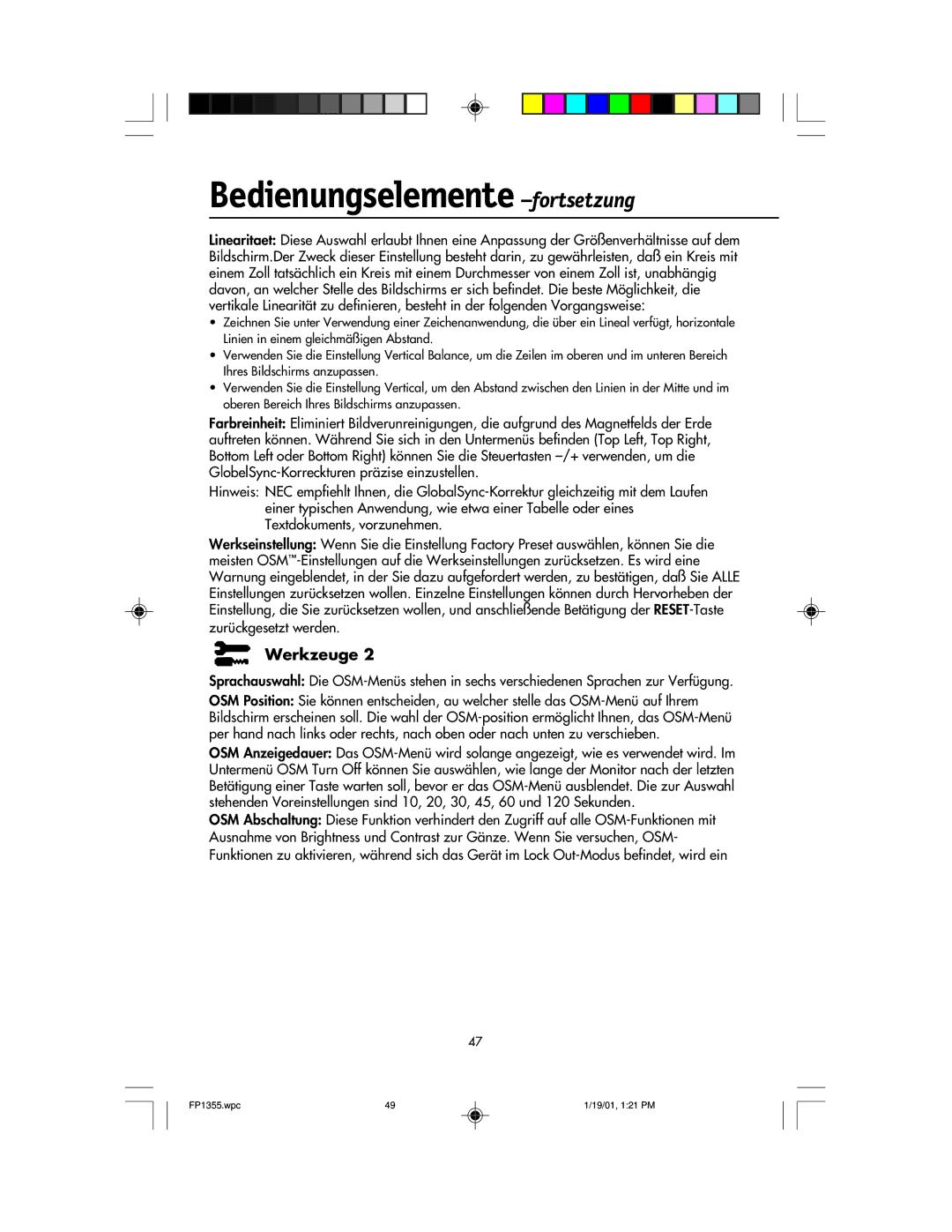 NEC FP1355 user manual Bedienungselemente -fortsetzung 