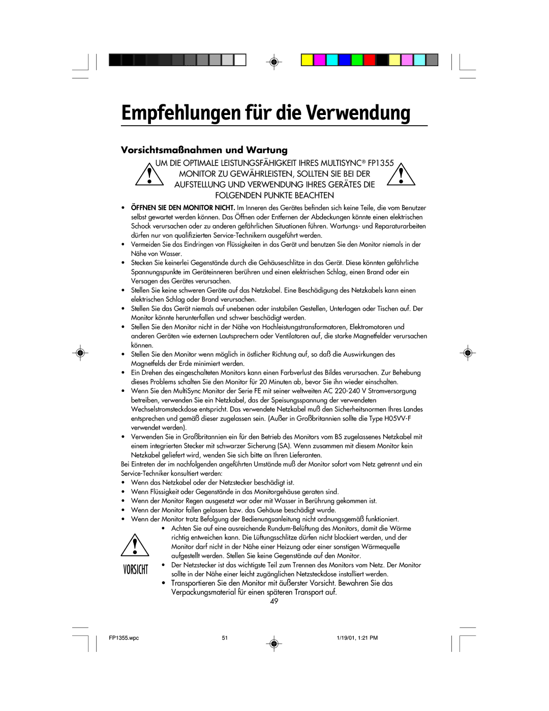 NEC FP1355 user manual Empfehlungen für die Verwendung, Vorsichtsmaßnahmen und Wartung 