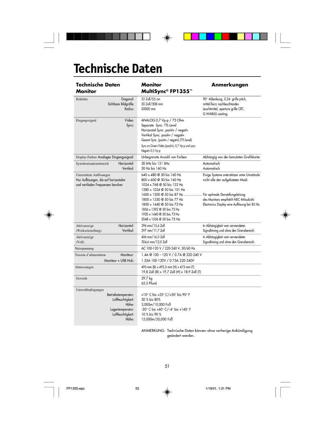 NEC user manual Technische Daten Monitor Anmerkungen MultiSync FP1355 