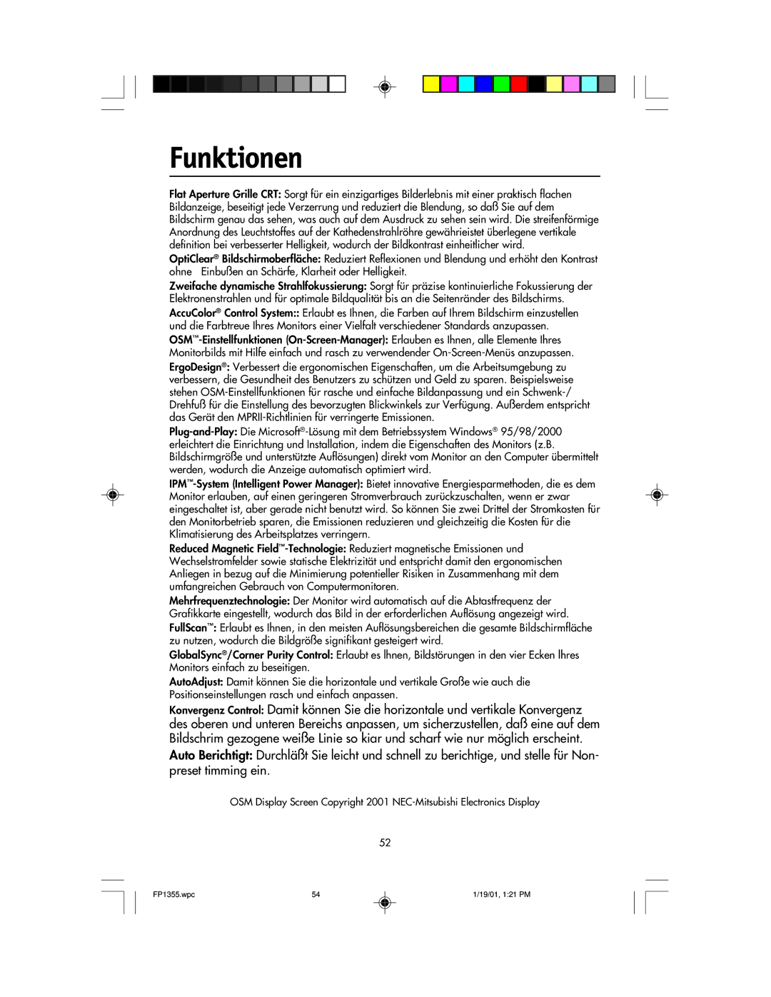 NEC FP1355 user manual Funktionen 