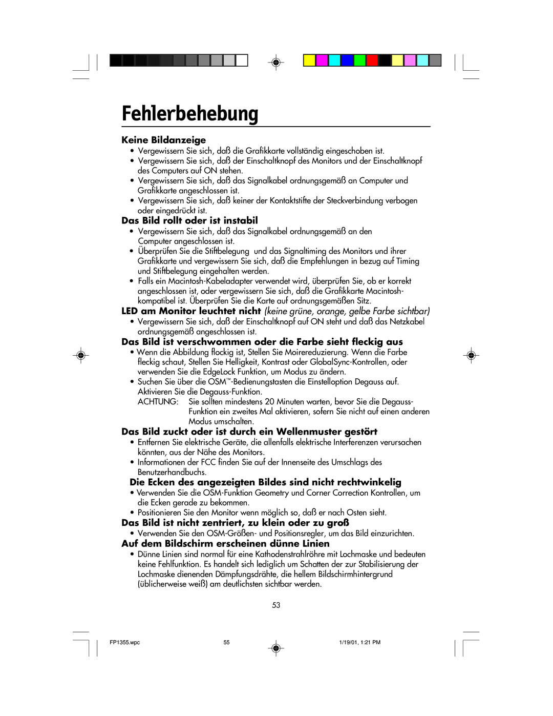 NEC FP1355 user manual Fehlerbehebung 