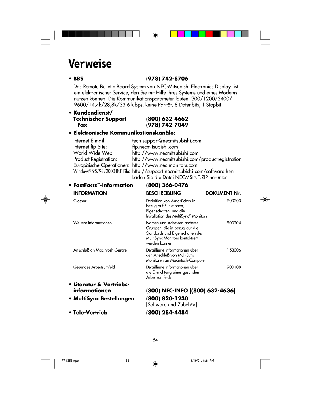 NEC FP1355 user manual Verweise, FastFacts-Information 800, Tele-Vertrieb 800 