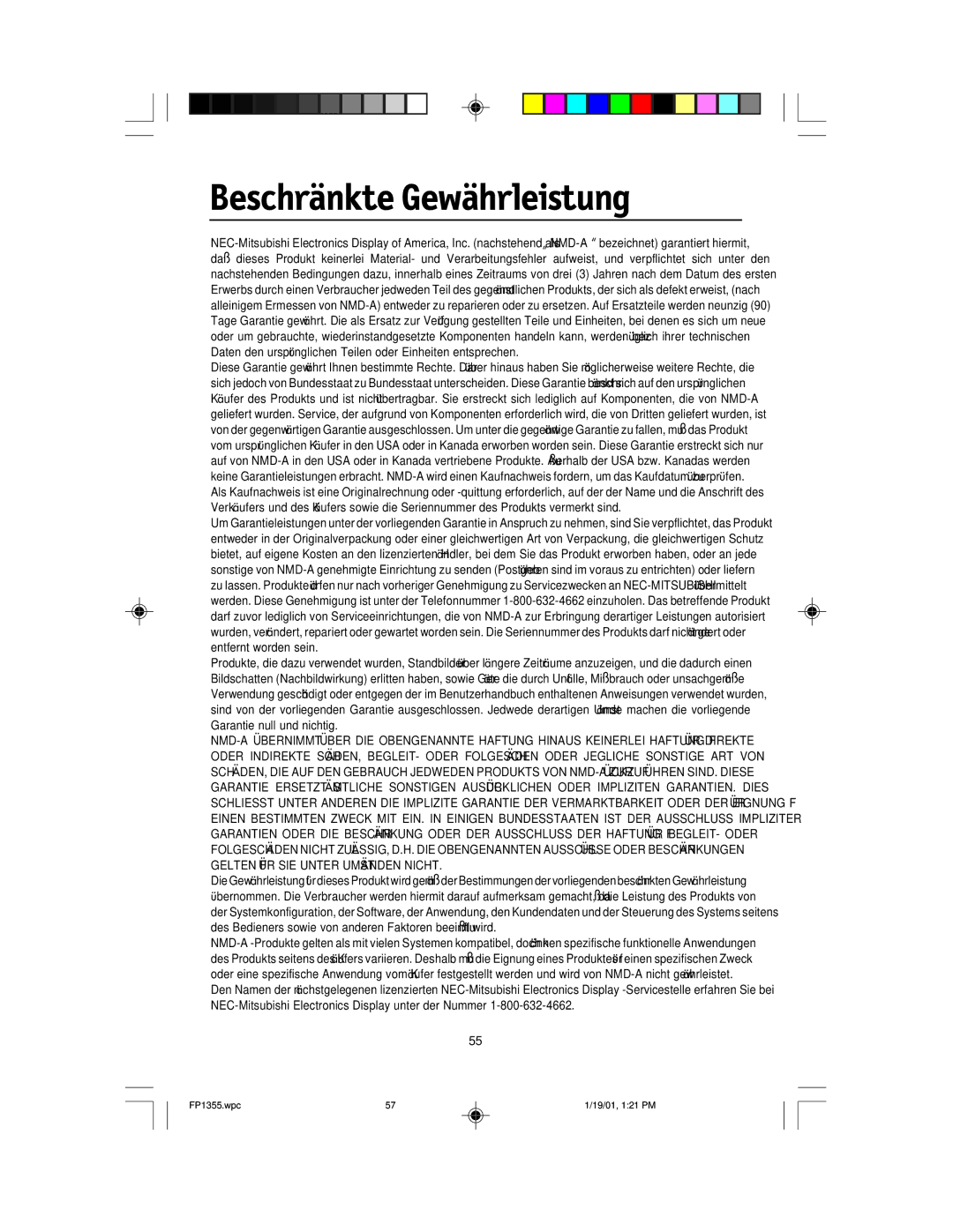 NEC FP1355 user manual Beschränkte Gewährleistung 