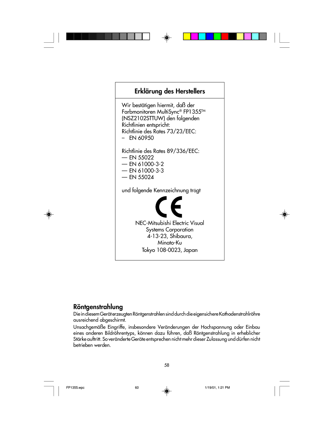 NEC FP1355 user manual Erklärung des Herstellers 