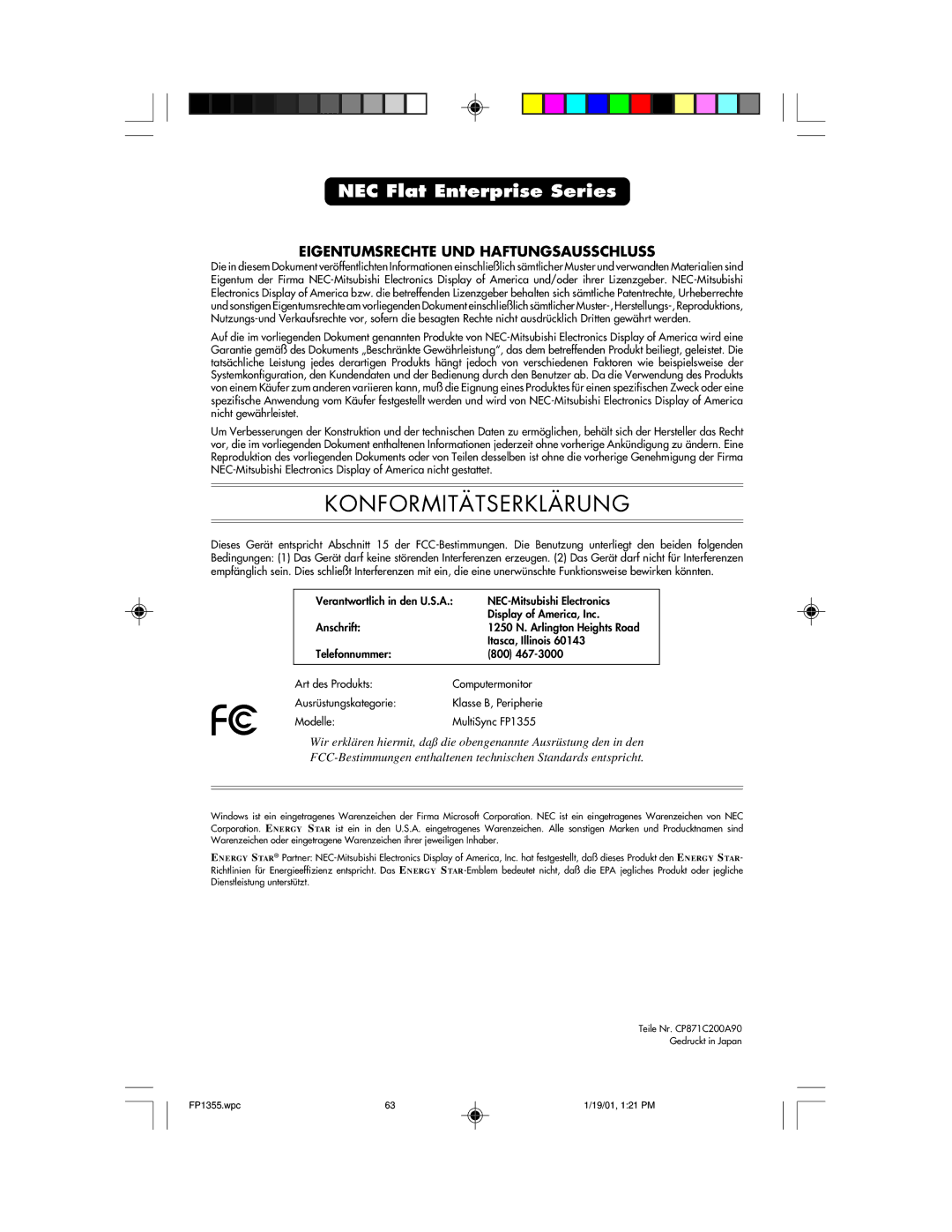 NEC FP1355 user manual Konformitätserklärung 