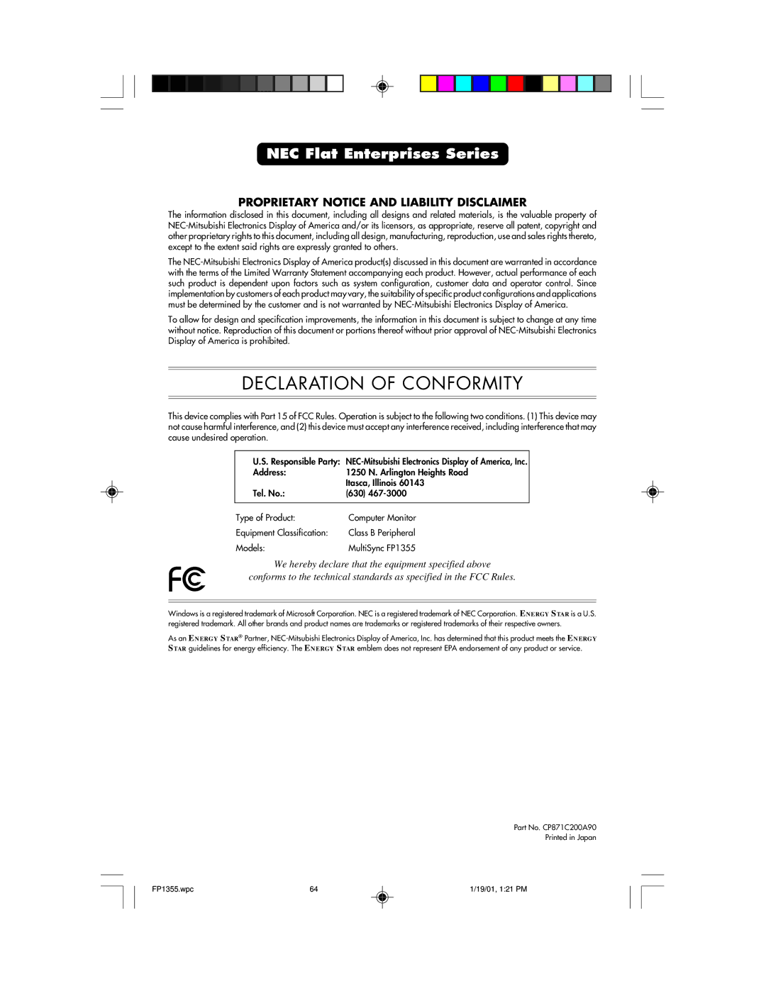 NEC FP1355 user manual Declaration of Conformity 