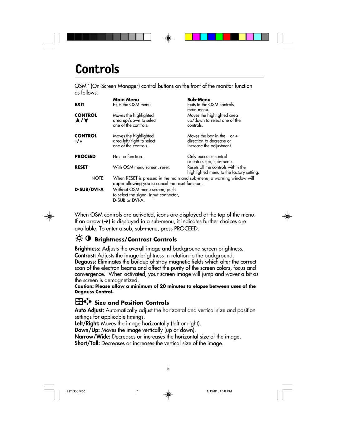 NEC FP1355 user manual Brightness/Contrast Controls, Size and Position Controls 