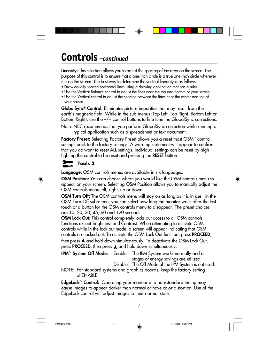 NEC FP1355 user manual Controls 