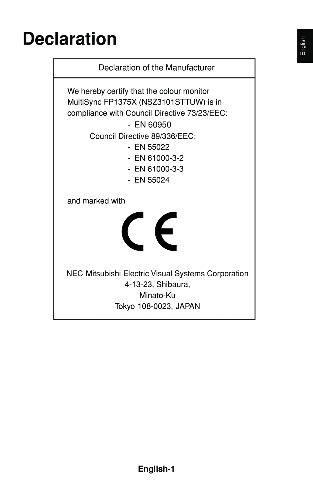 NEC FP1375X user manual English-1, Declaration, Council Directive 89/336/EEC EN EN EN EN, and marked with 