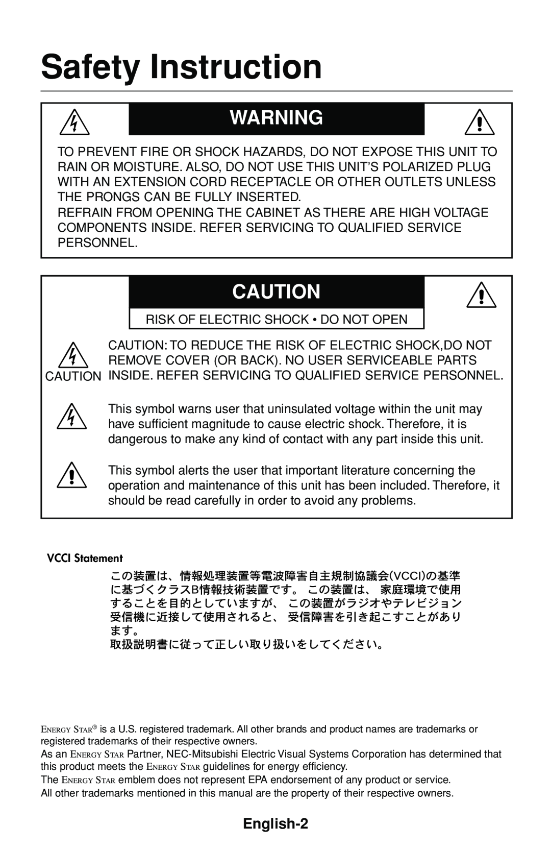 NEC FP1375X user manual Safety Instruction, English-2 