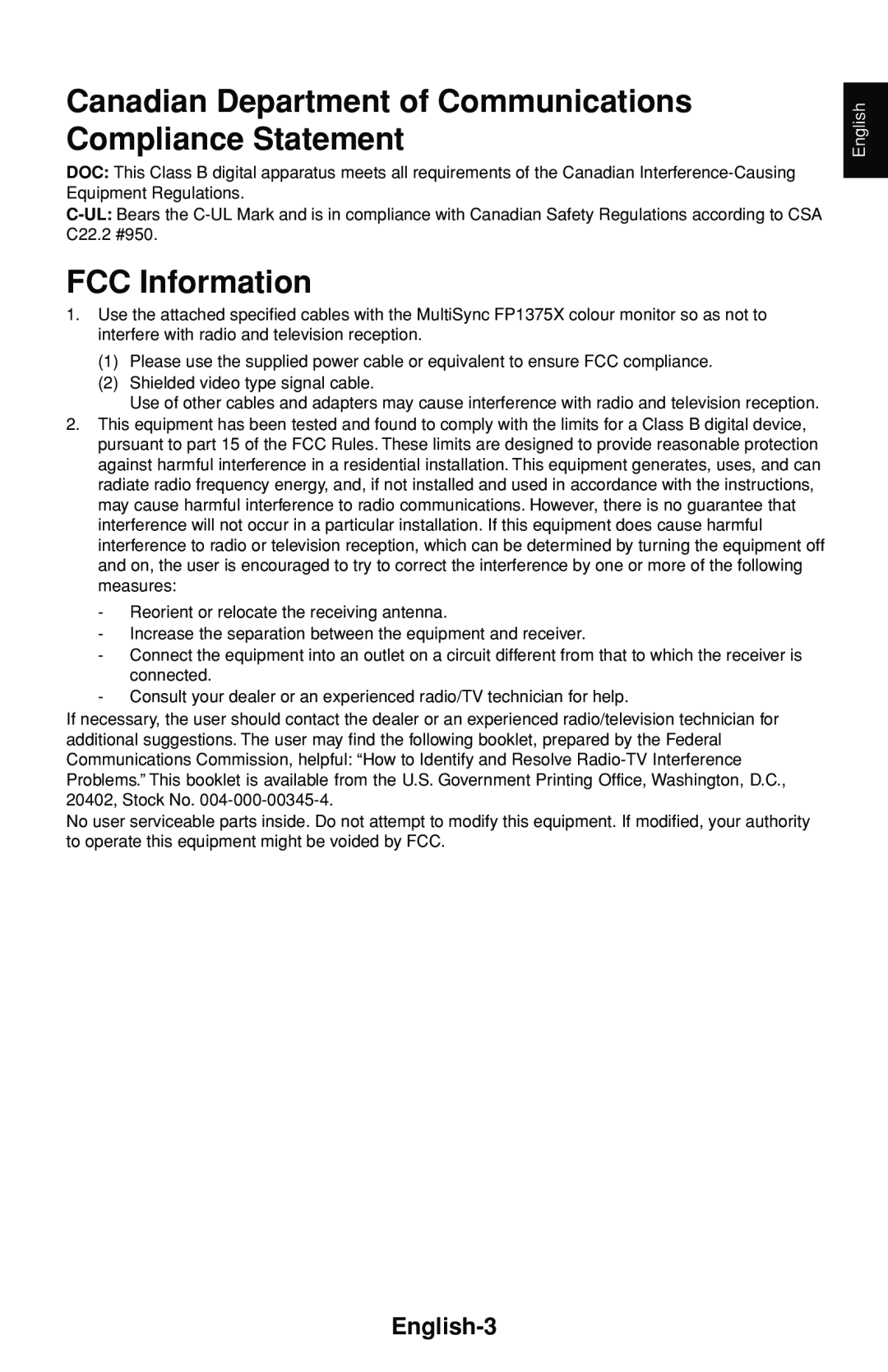 NEC FP1375X user manual FCC Information, English-3 