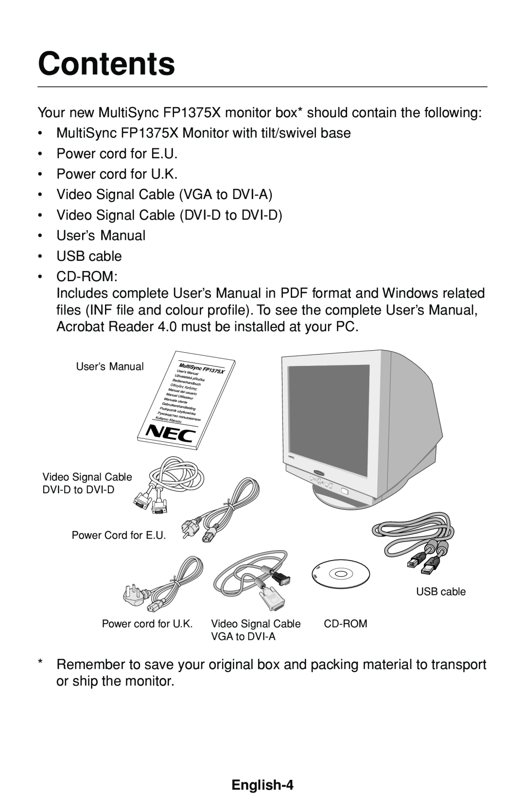 NEC FP1375X user manual Contents, English-4 