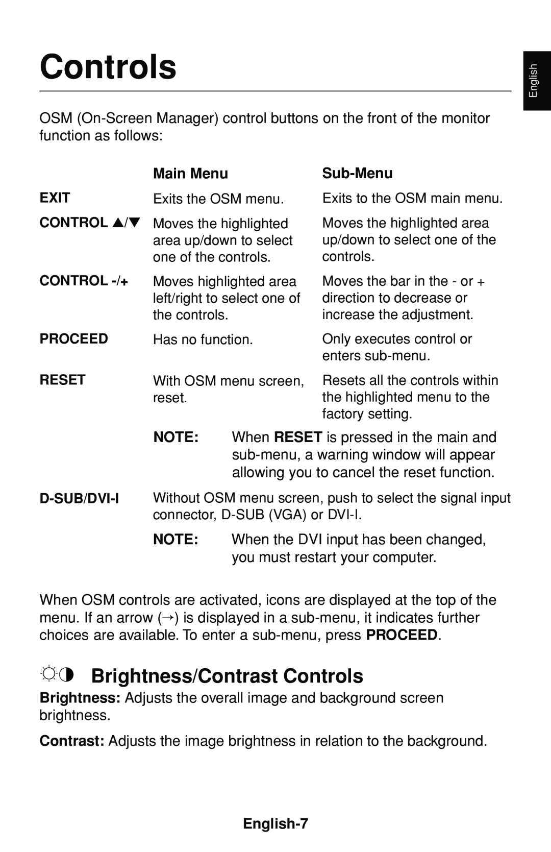 NEC FP1375X user manual Brightness/Contrast Controls, Main Menu, Sub-Menu, English-7 