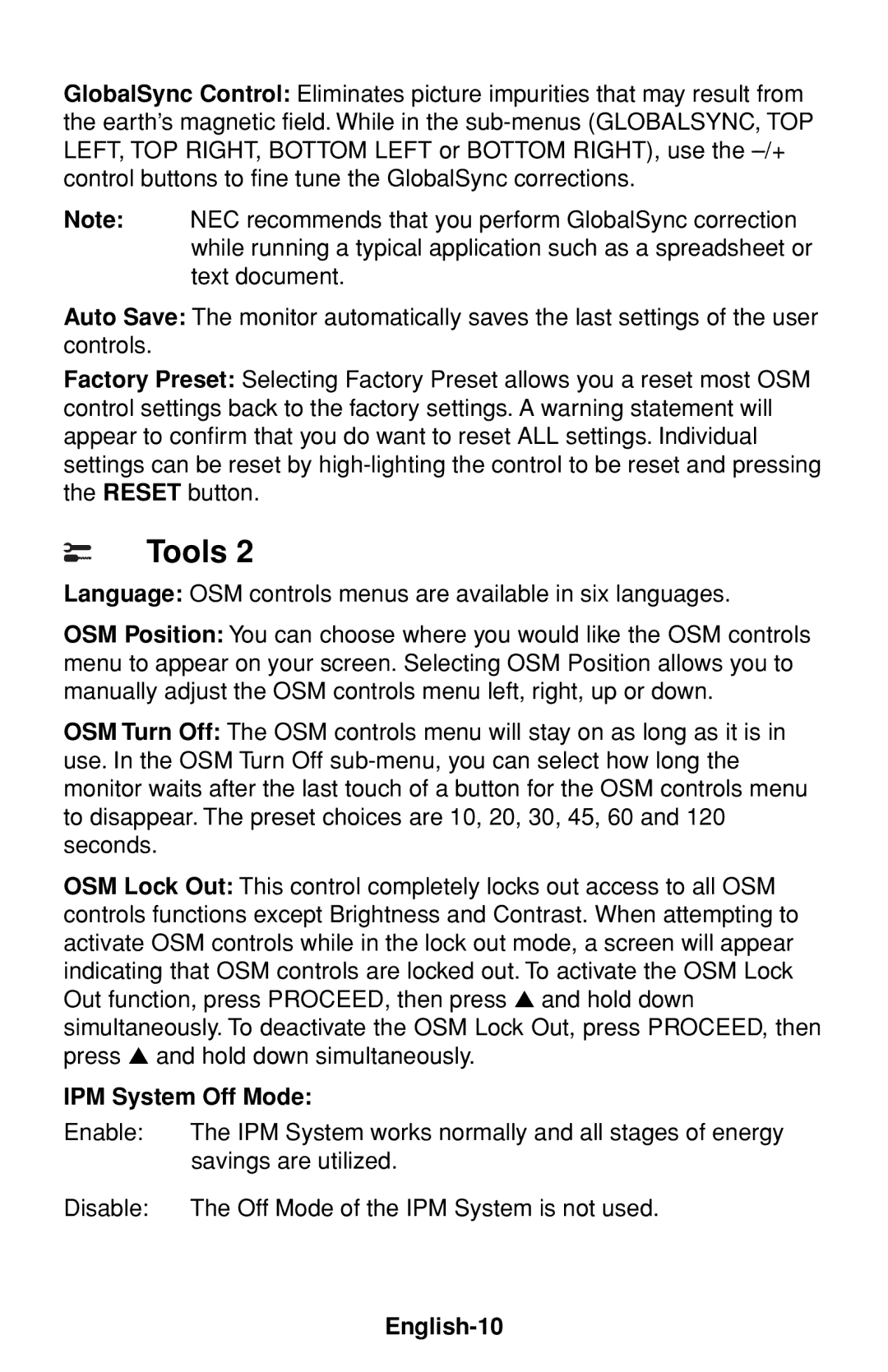 NEC FP1375X user manual IPM System Off Mode, English-10 