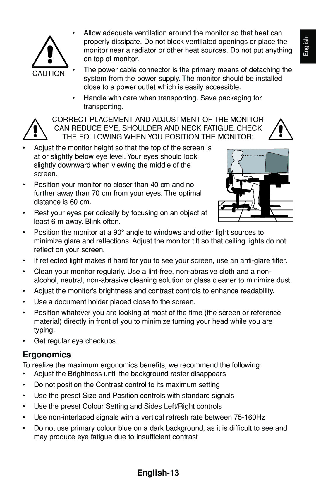 NEC FP1375X user manual Ergonomics, English-13 