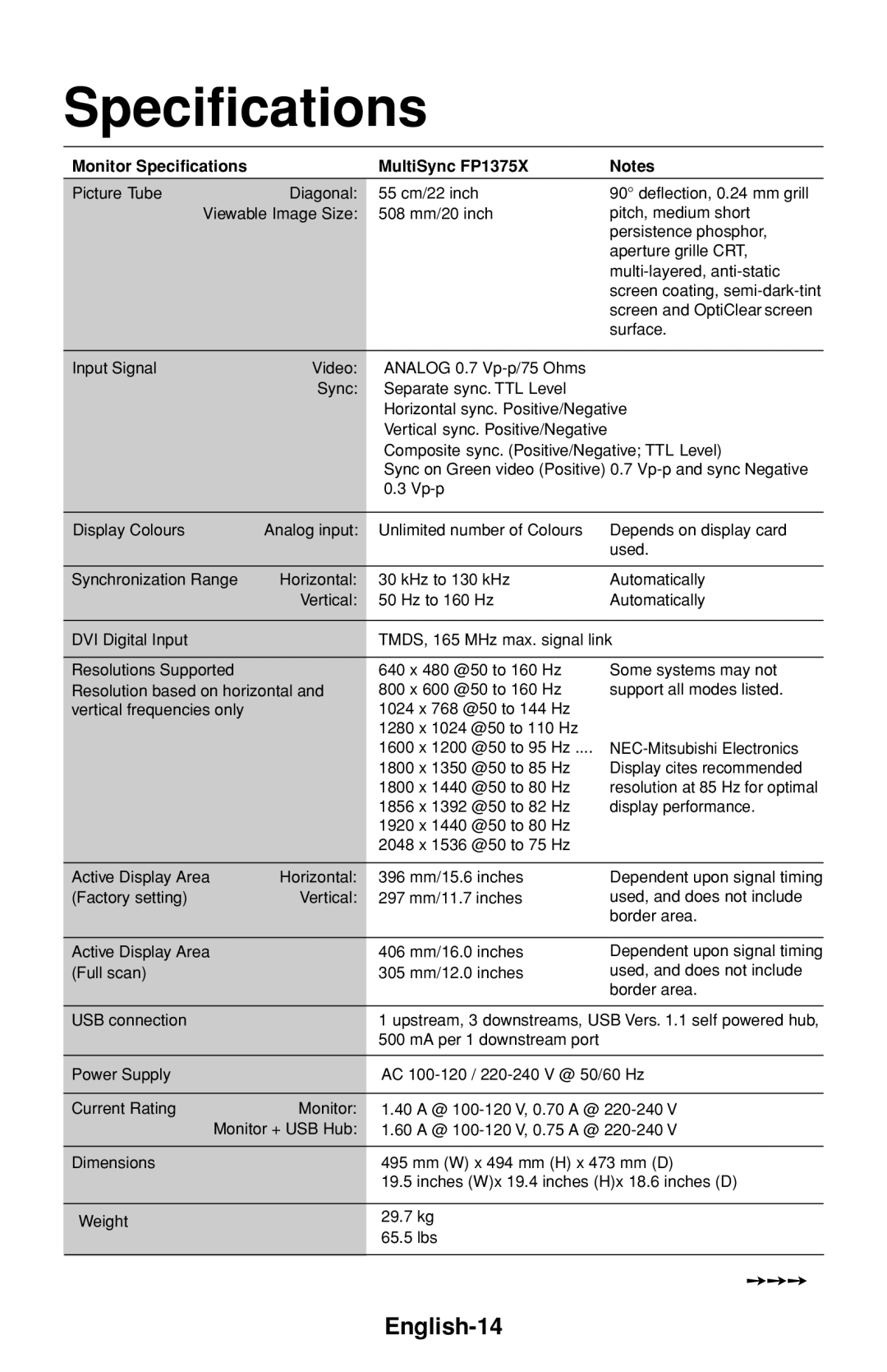 NEC FP1375X user manual Specifications, English-14 