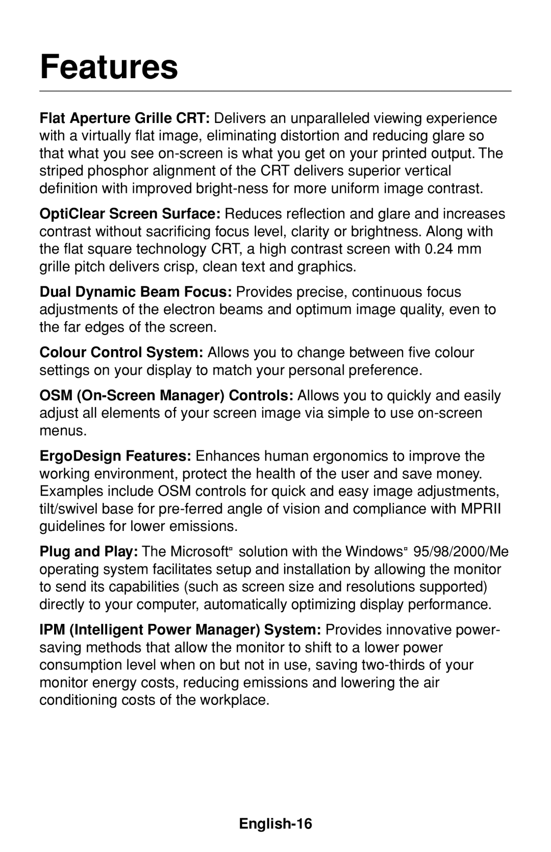 NEC FP1375X user manual Features 