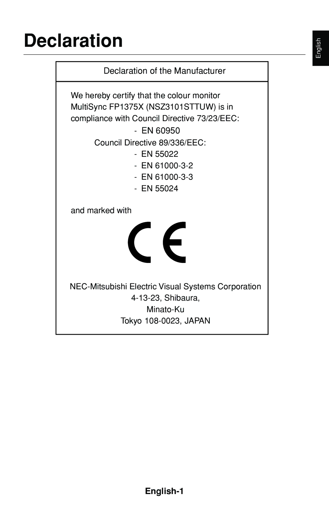 NEC FP1375X user manual Declaration, English-1 