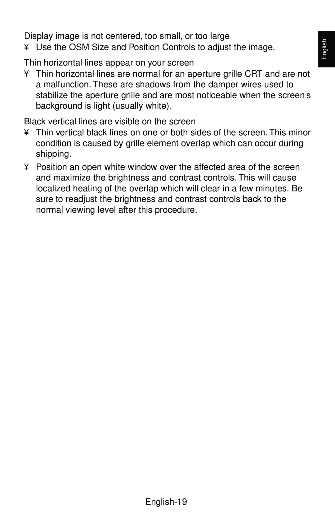 NEC FP1375X user manual Display image is not centered, too small, or too large, Thin horizontal lines appear on your screen 