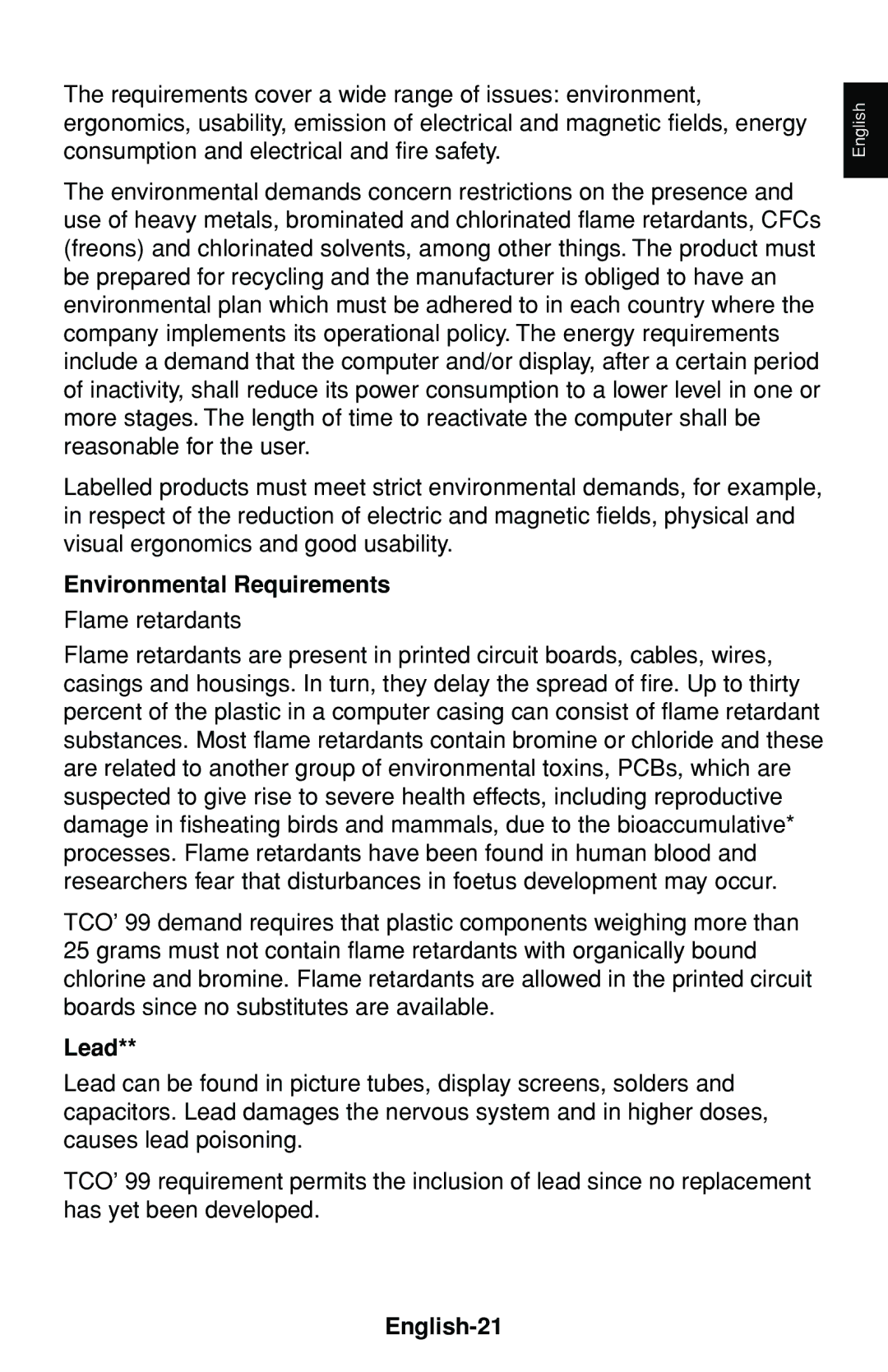 NEC FP1375X user manual Environmental Requirements, Lead, English-21 