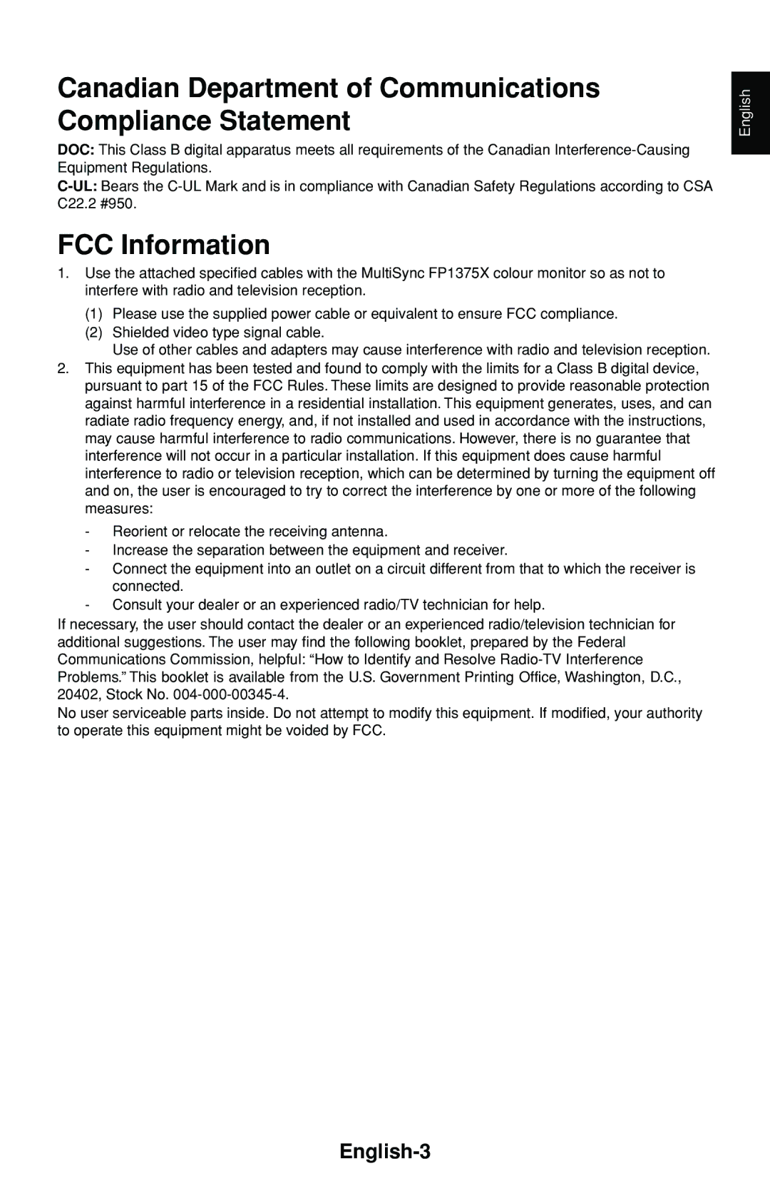 NEC FP1375X user manual Canadian Department of Communications Compliance Statement, FCC Information, English-3 