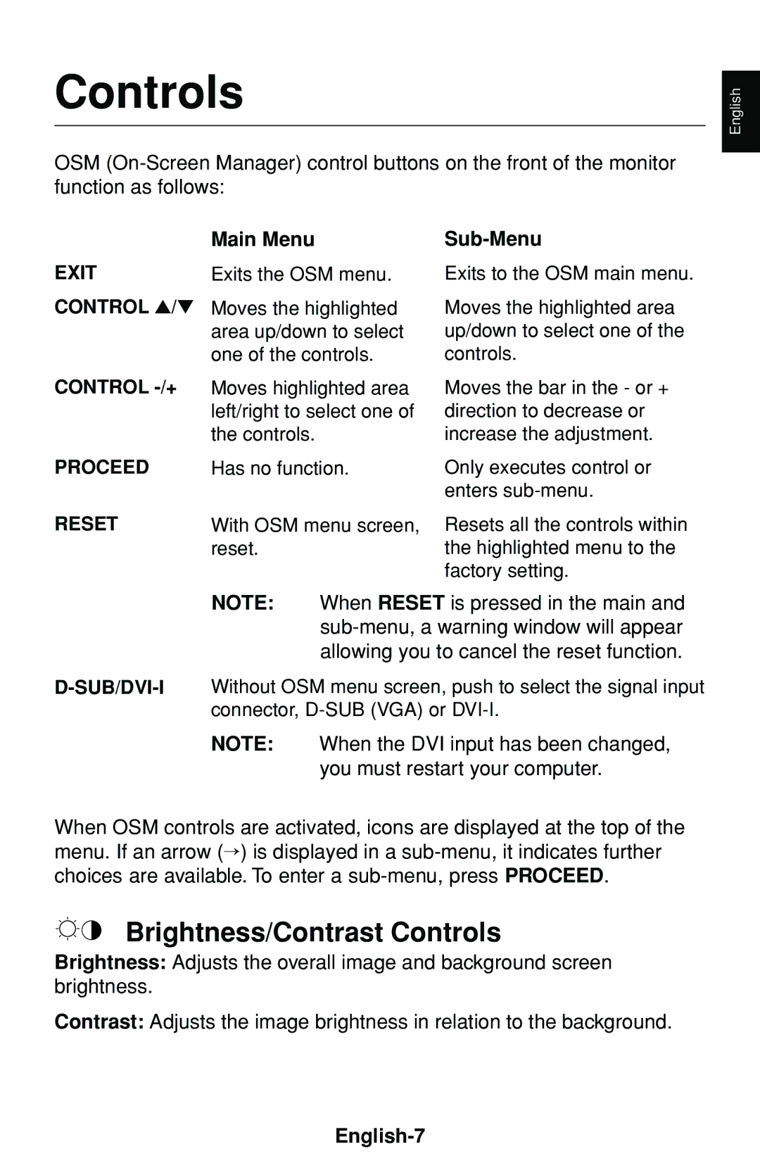 NEC FP1375X user manual Brightness/Contrast Controls, Main Menu, Sub-Menu, English-7 