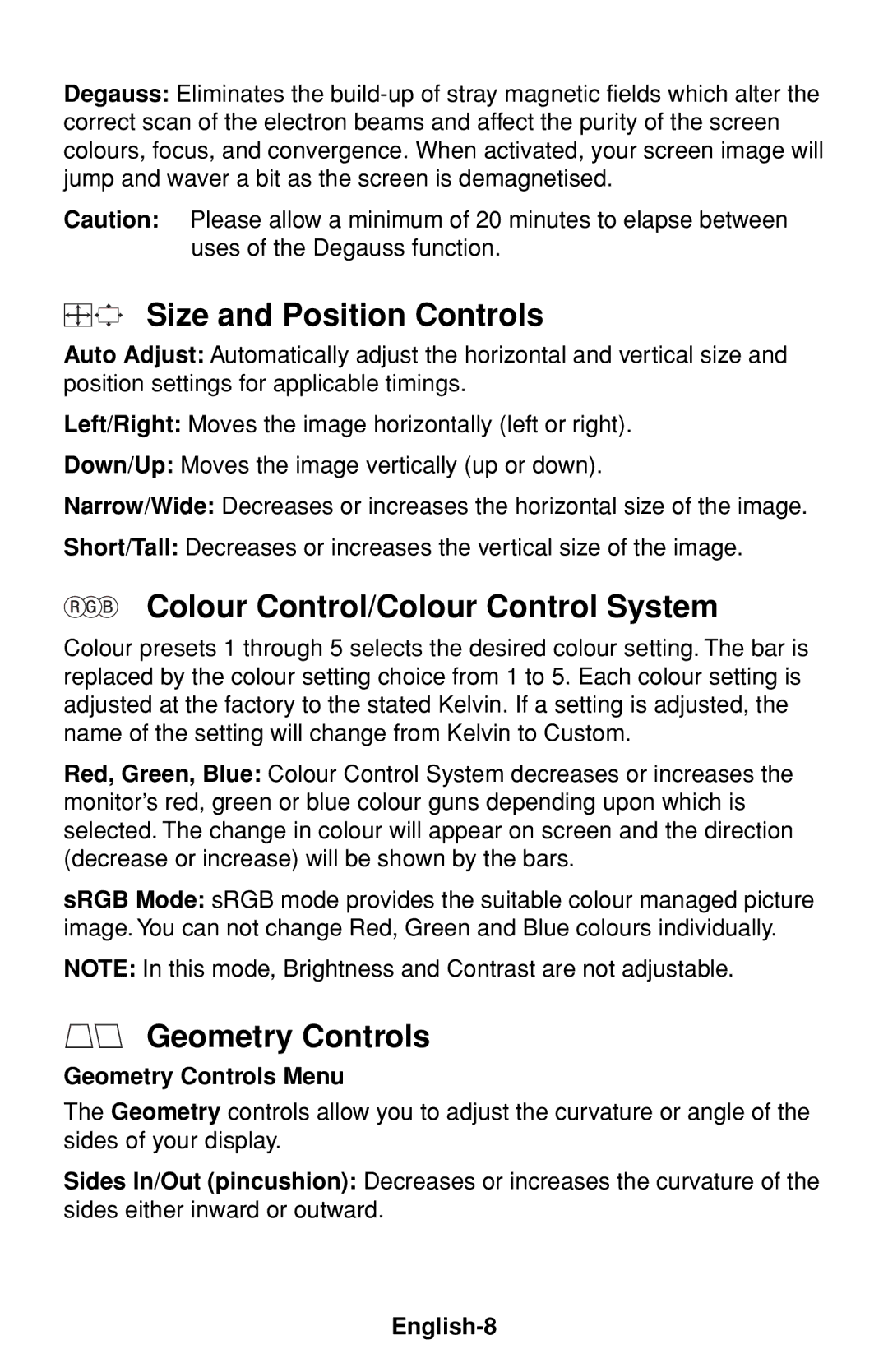 NEC FP1375X Size and Position Controls, Colour Control/Colour Control System, Geometry Controls Menu, English-8 