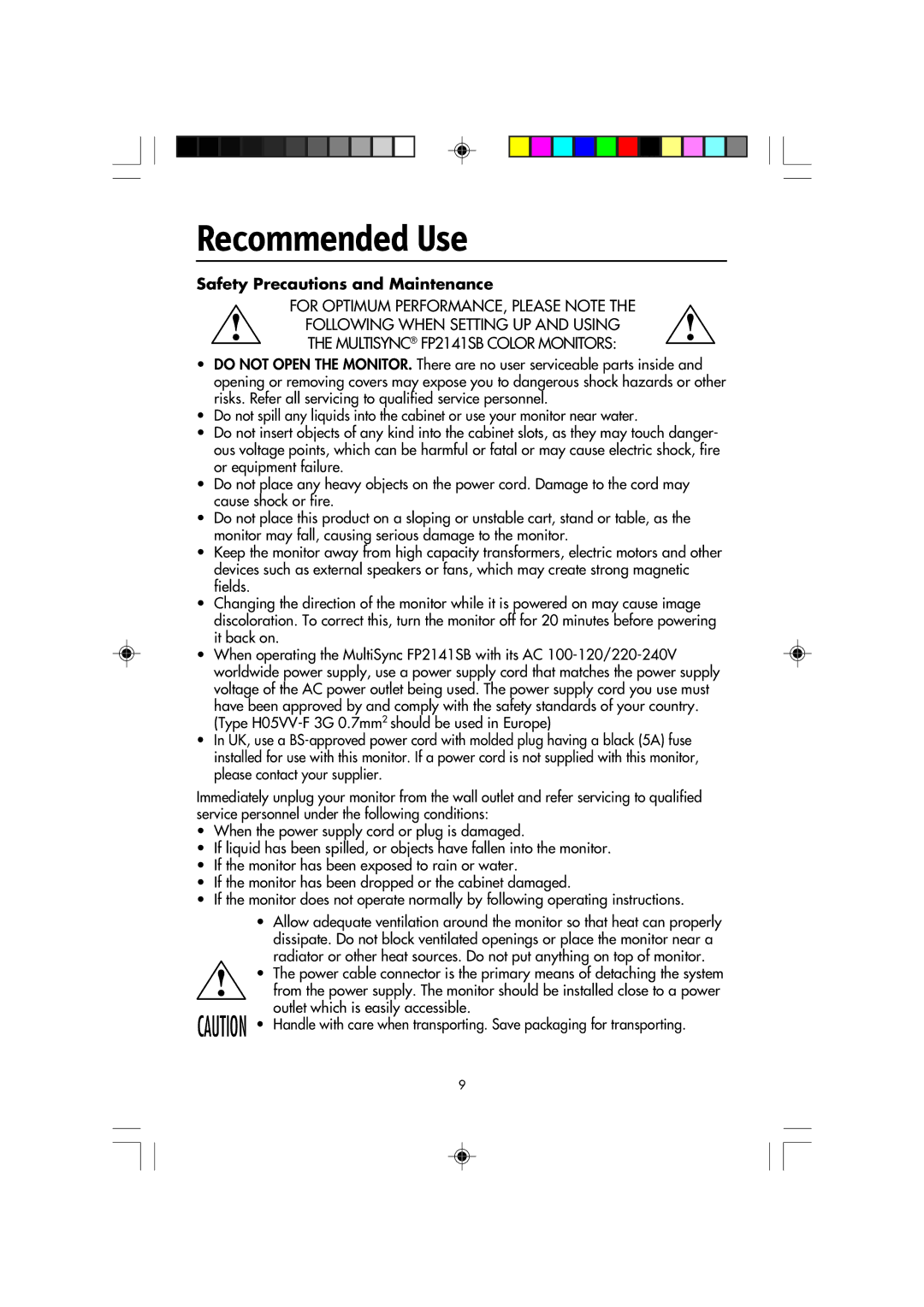 NEC FP2141SB manual Recommended Use, Safety Precautions and Maintenance 